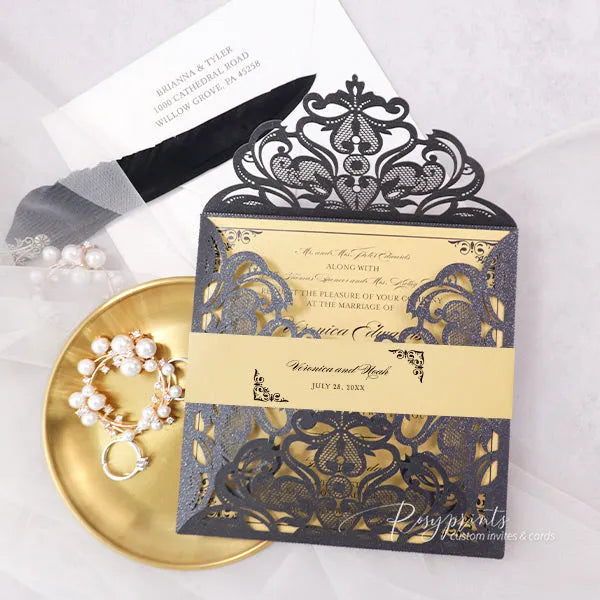 elegant black gold borders vintage wedding invitations ROSYP64
