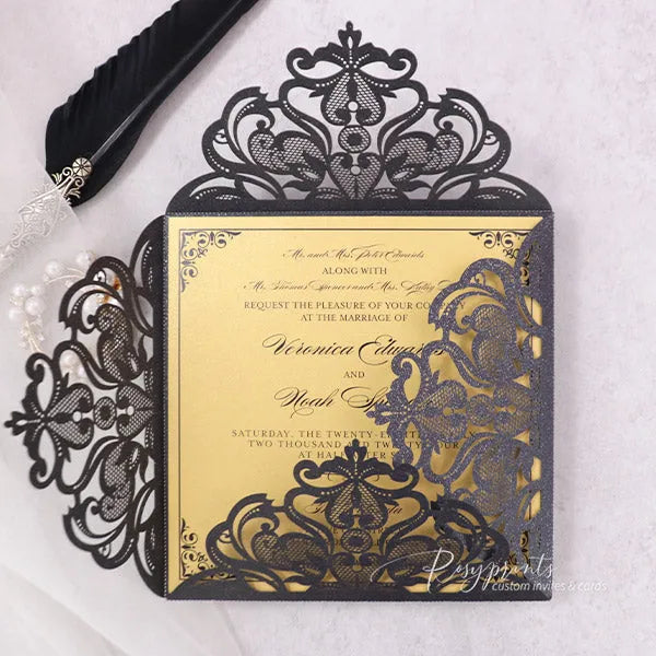 elegant black gold borders vintage wedding invitations ROSYP64