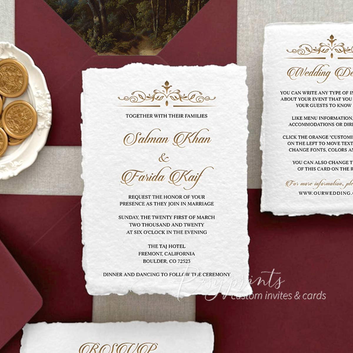 vintage black gold letterpress wedding invitations with deckled edge