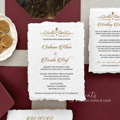vintage black gold letterpress wedding invitations with deckled edge