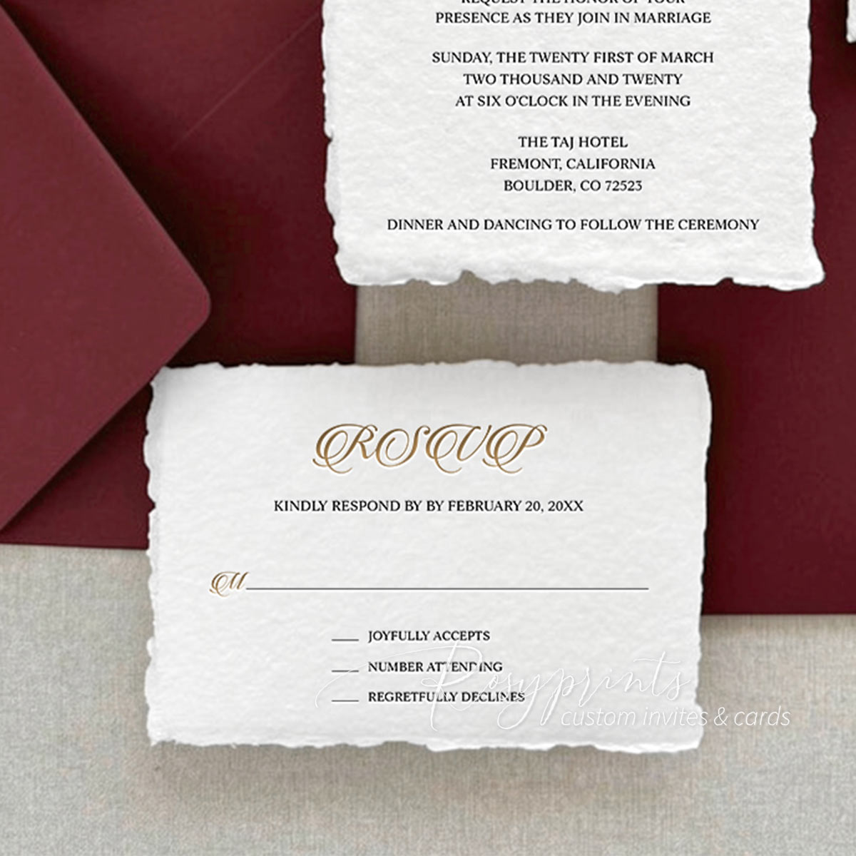vintage black gold letterpress wedding invitations with deckled edge
