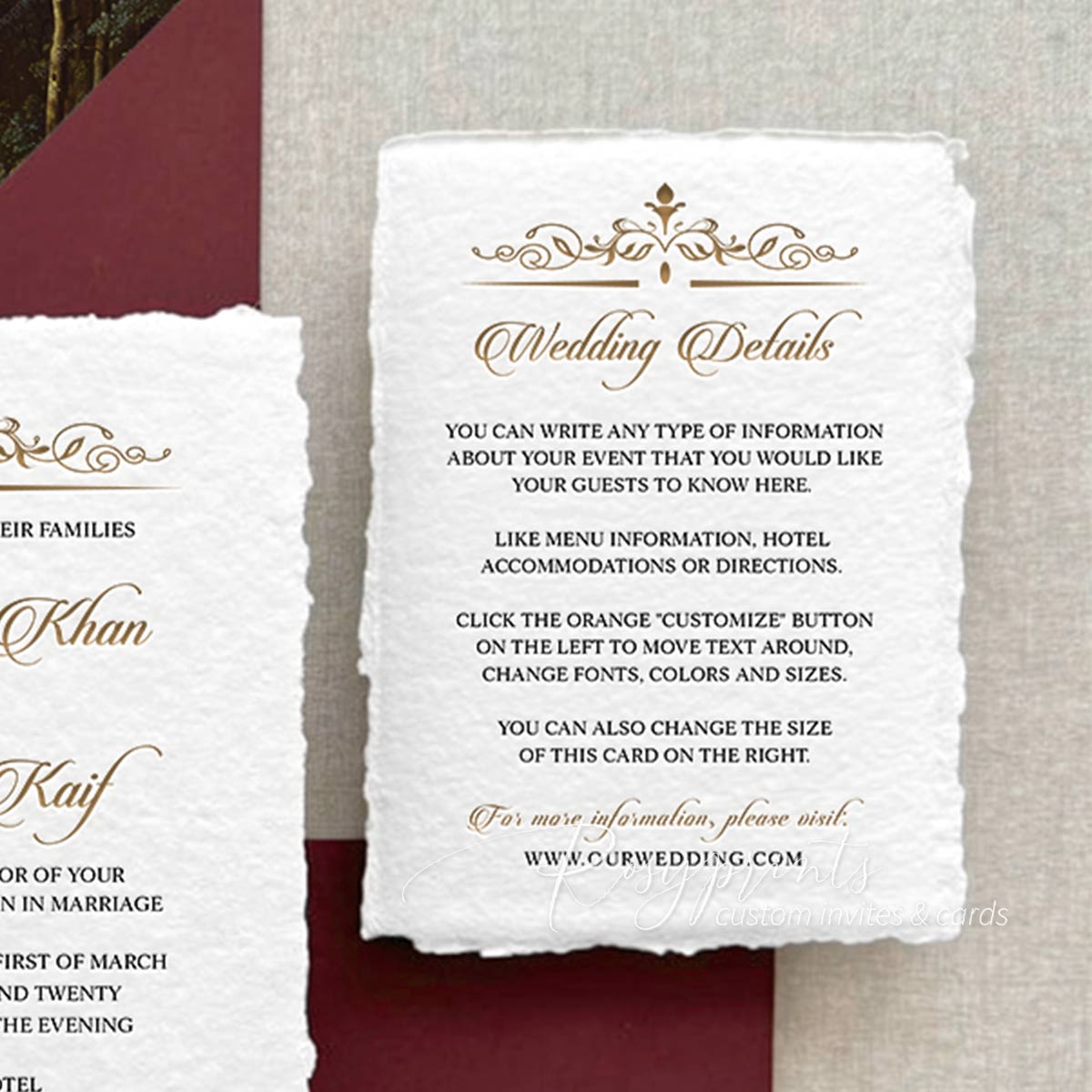 vintage black gold letterpress wedding invitations with deckled edge