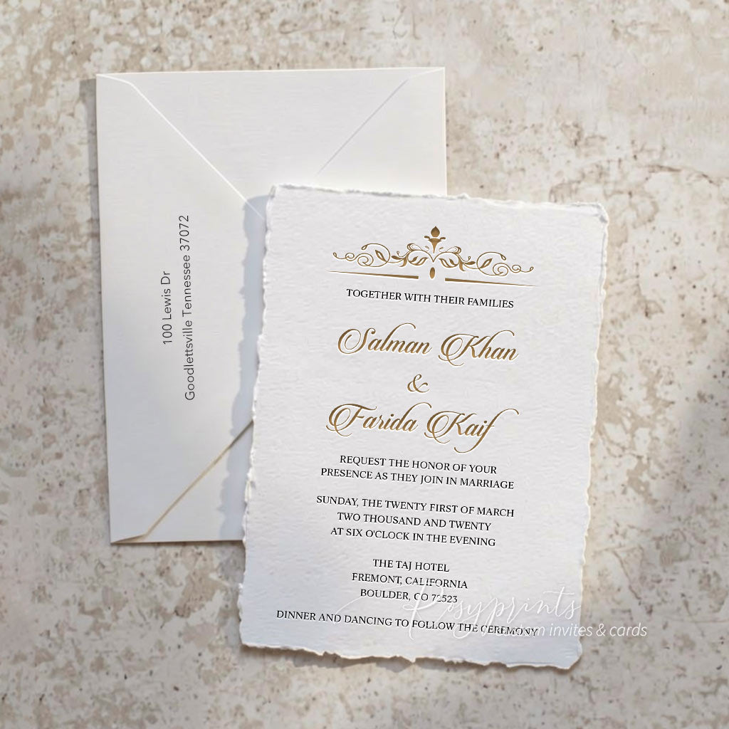 vintage black gold letterpress wedding invitations with deckled edge