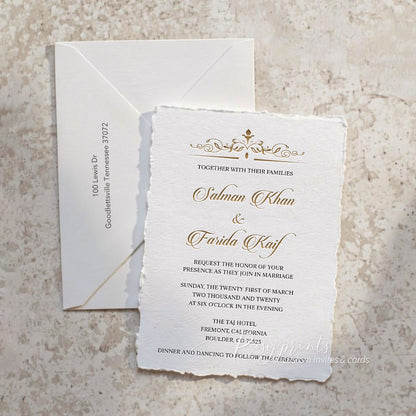 vintage black gold letterpress wedding invitations with deckled edge