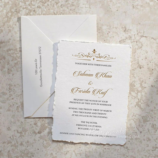 vintage black gold letterpress wedding invitations with deckled edge