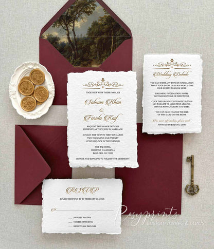 vintage black gold letterpress wedding invitations with deckled edge