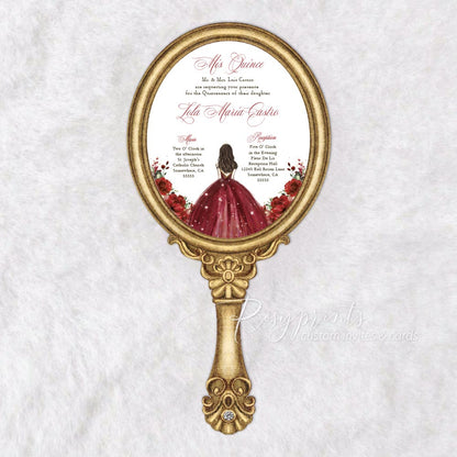 vintage mirror shape red quinceanera invitations