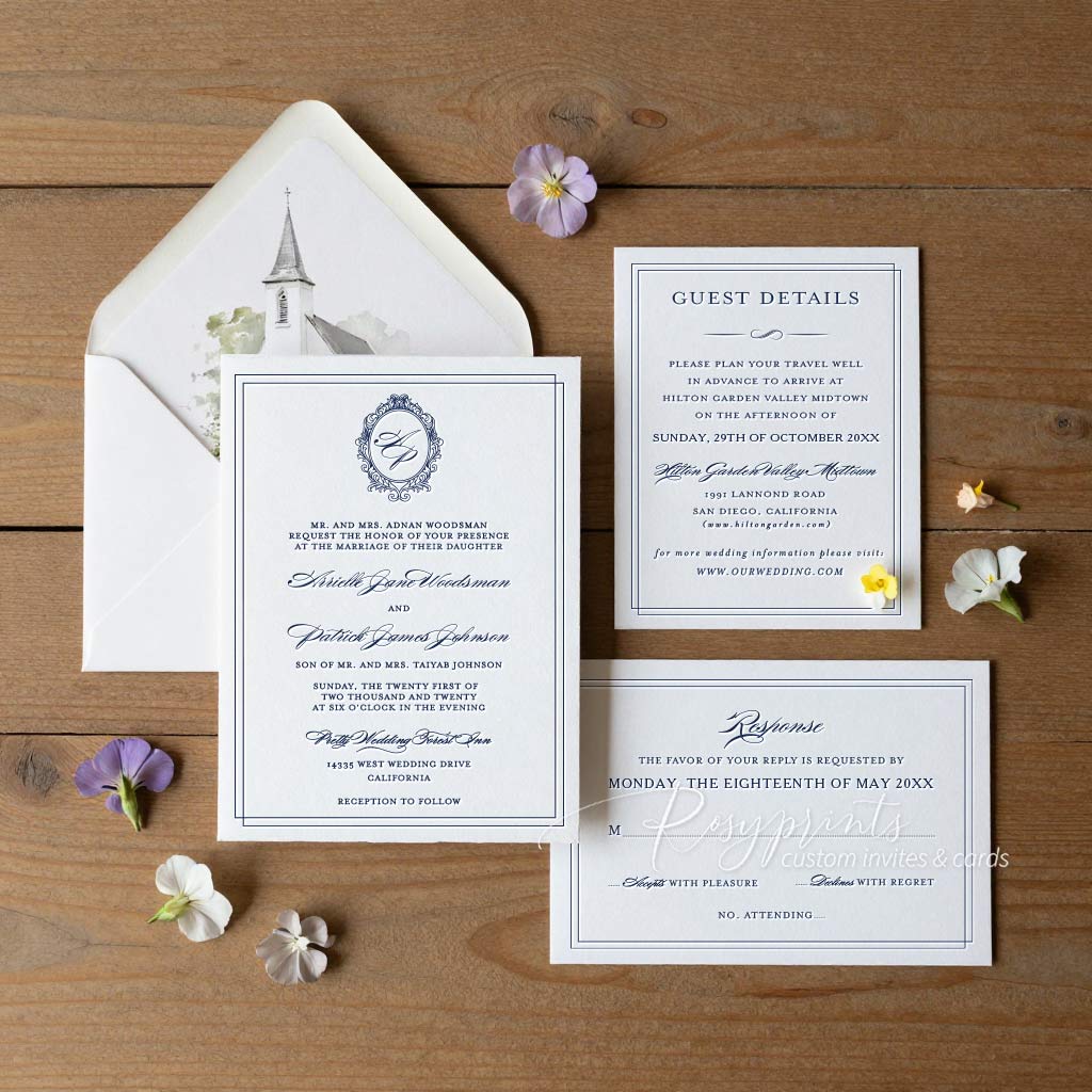 regal vintage navy blue letterpress wedding invitations
