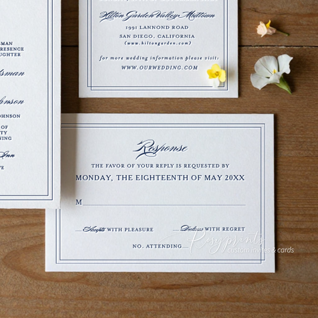 regal vintage navy blue letterpress wedding invitations