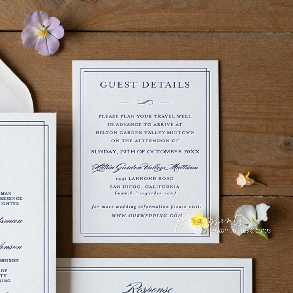 regal vintage navy blue letterpress wedding invitations