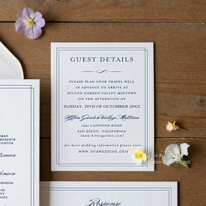 regal vintage navy blue letterpress wedding invitations