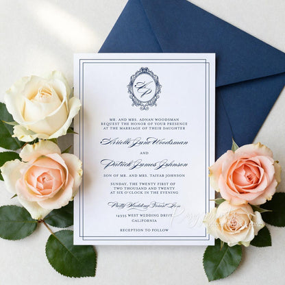 regal vintage navy blue letterpress wedding invitations