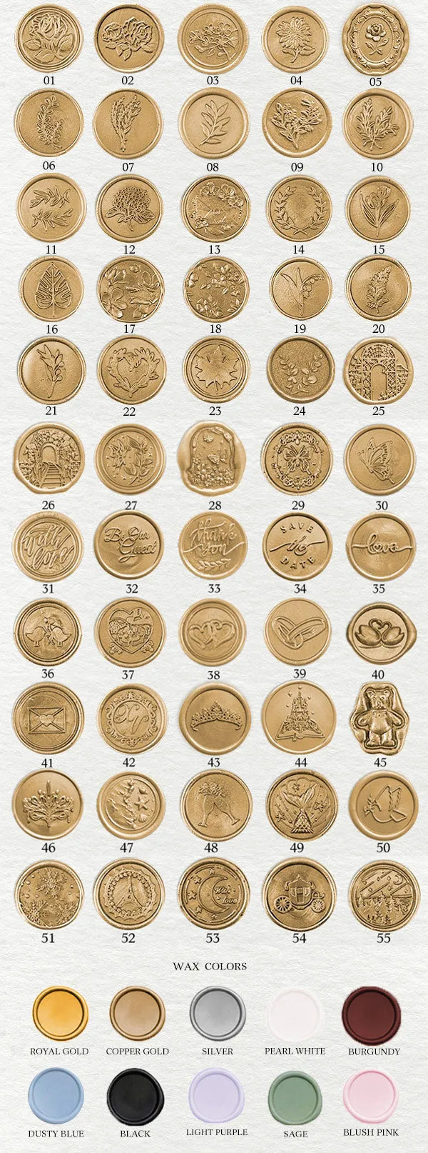 Foil wax seals for wedding invitations, Self adhesive, Premade, 10pcs/set - Rosy Prints