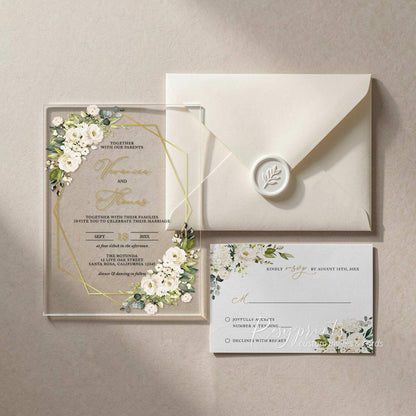 white gold floral acrylic wedding invitations