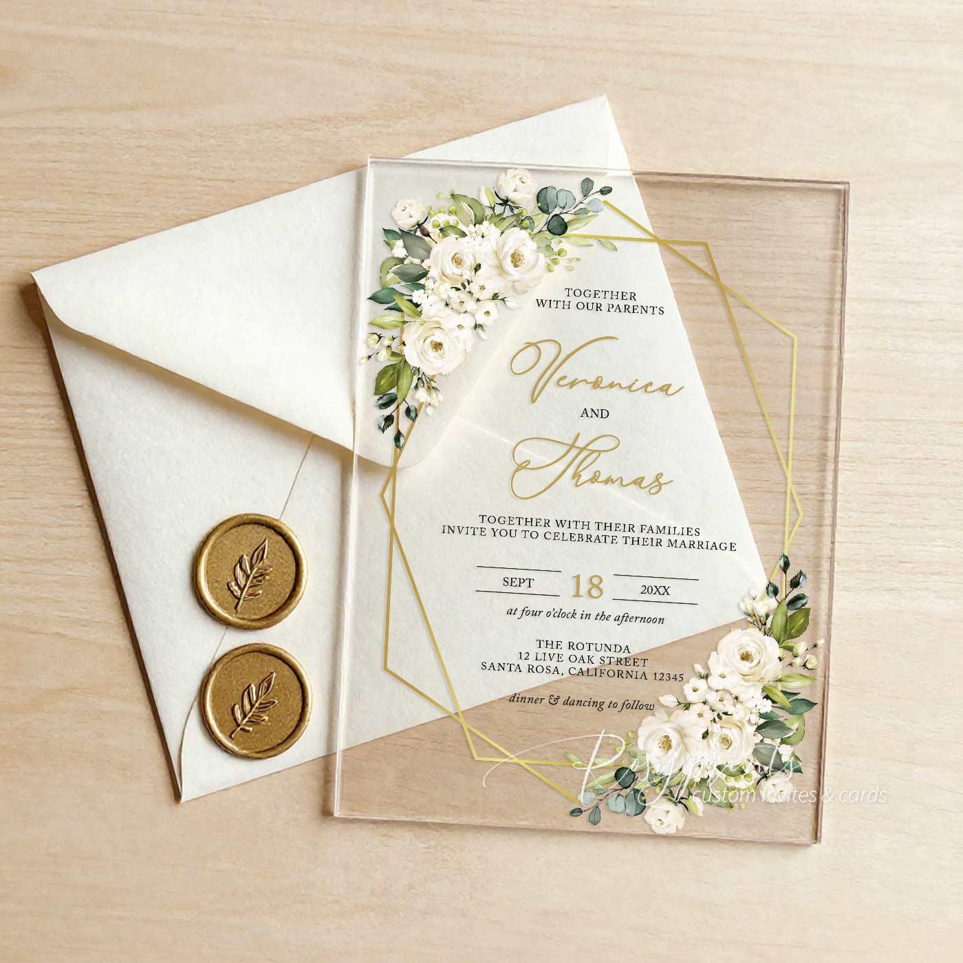 white gold floral acrylic wedding invitations