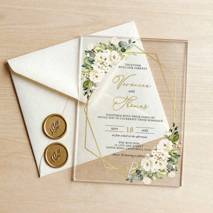 white gold floral acrylic wedding invitations