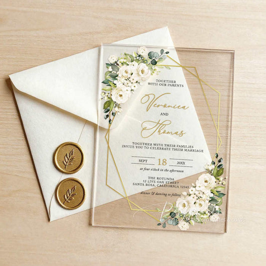 white gold floral acrylic wedding invitations