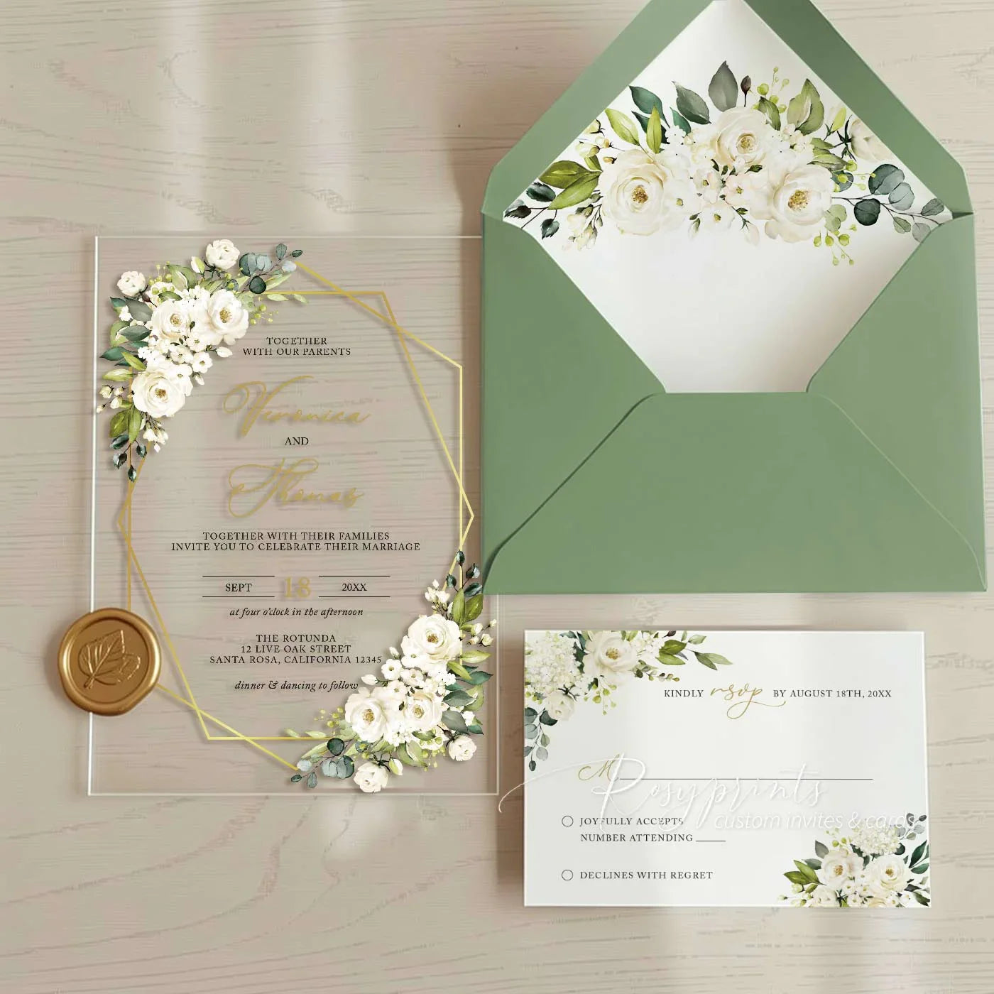 white gold floral acrylic wedding invitations