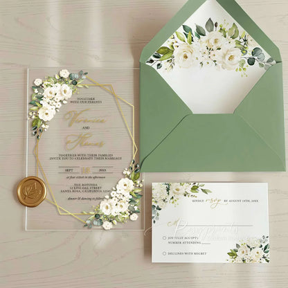 white gold floral acrylic wedding invitations