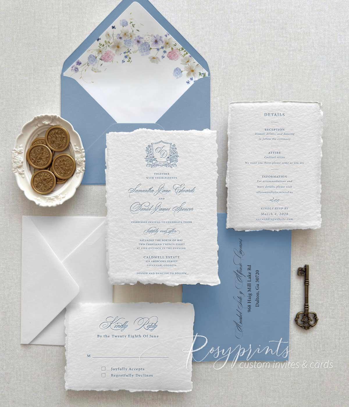 wild flower crest letterpress printing wedding invitations