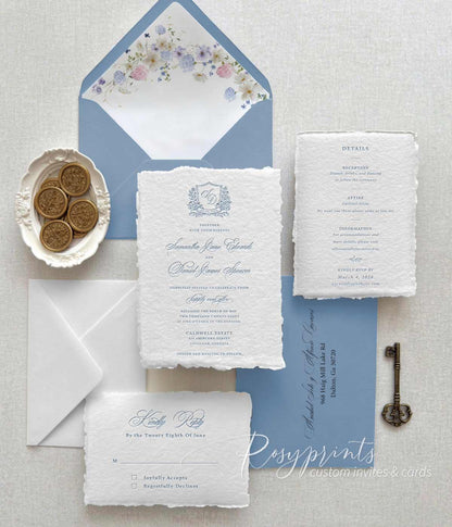 wild flower crest letterpress printing wedding invitations