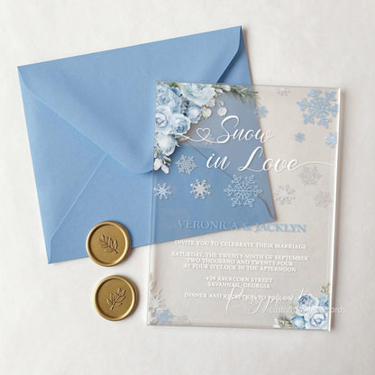winter ice blue snowflake acrylic wedding invitations