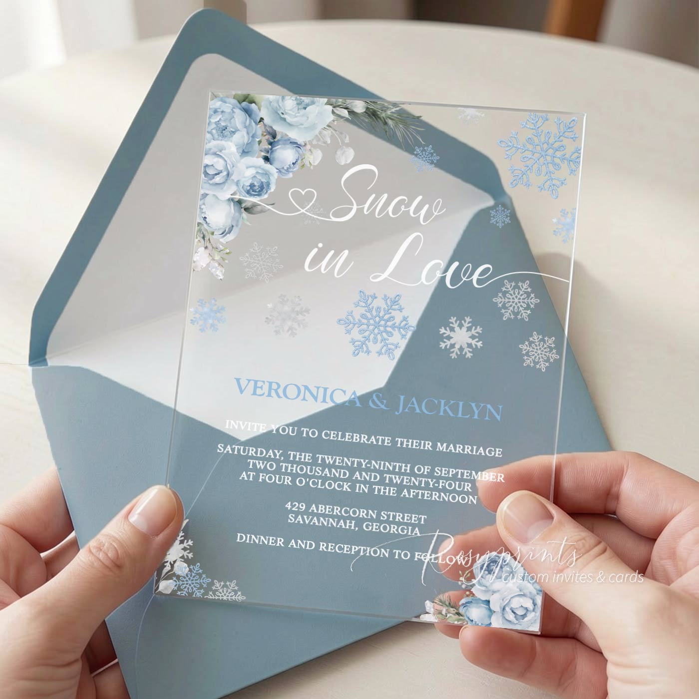 winter ice blue snowflake acrylic wedding invitations