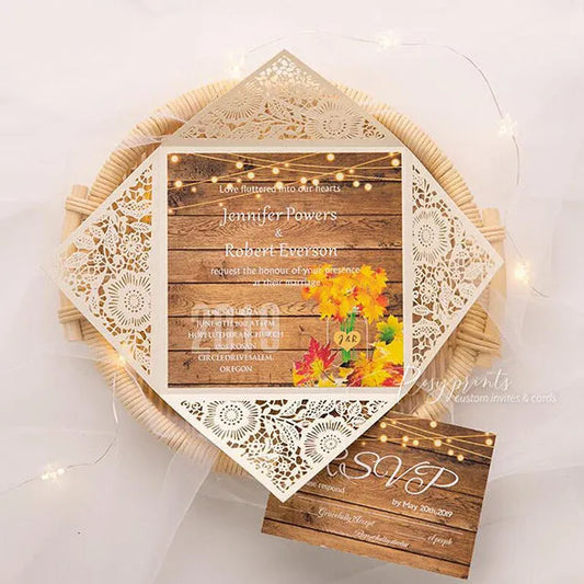 fall rustic wedding invitations with mason jar and maple leaf ROSYP63
